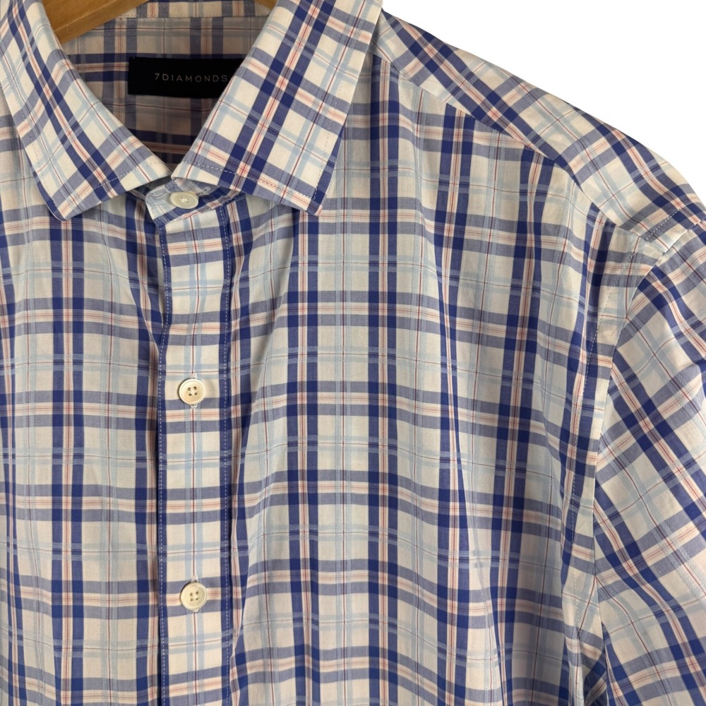 7Diamonds Button‎ Down Shirt Mens Large Blue Plaid Long Sleeve Casual Business